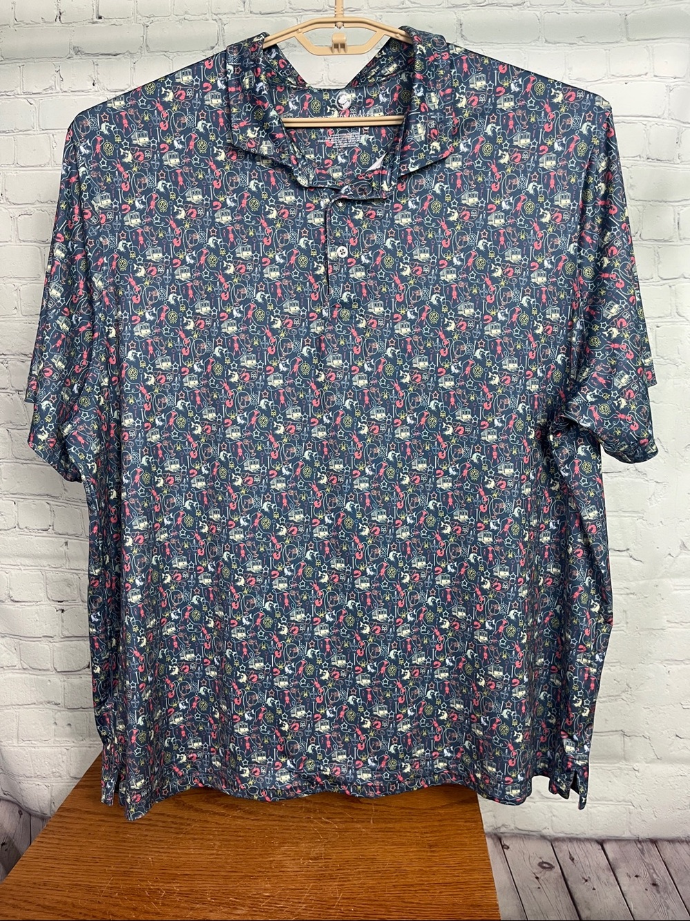 Southern Proper Polo Shirt XXL Blue New Orleans Print Trolley Crawfish Drinks